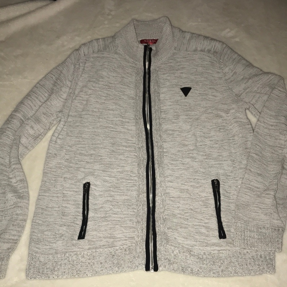 Guess Men's Light Gray Full-Zip Knit Jacket with Black Trim